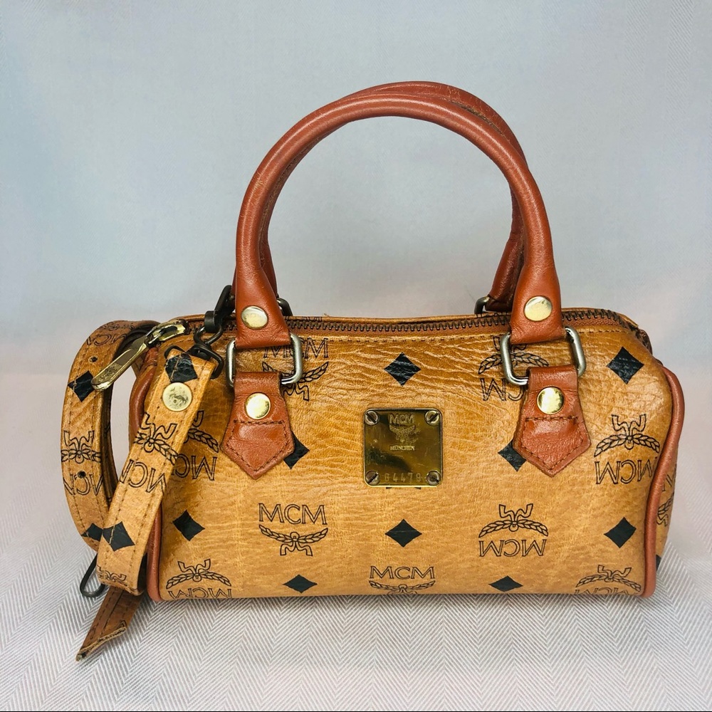 Mini MCM Boston in Cognac Visetos Leather